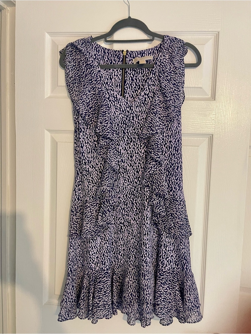 Michael Kors Blue and White Ruffle V-Neck Mini Dress